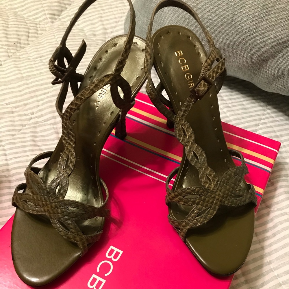 BCBGirls green snakeskin strappy sandal